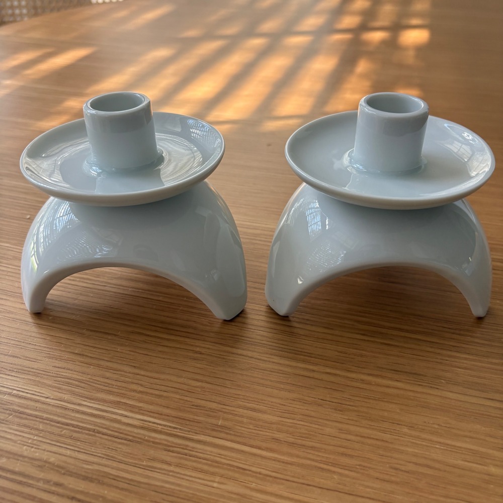 Vintage OMC Japan White Ceramic Arched Taper Candle Holders Pair MCM Minimalist